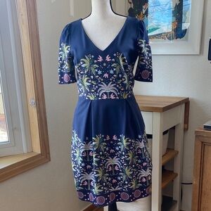 Boden Navy Floral V-Neck Border Print Mini Dress